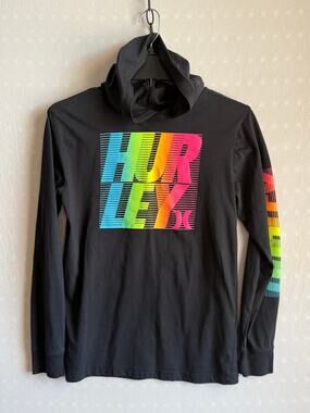 Hurley Boys Size XL Hooded Long Sleeve Shirt Black Rainbow Logo Graphic